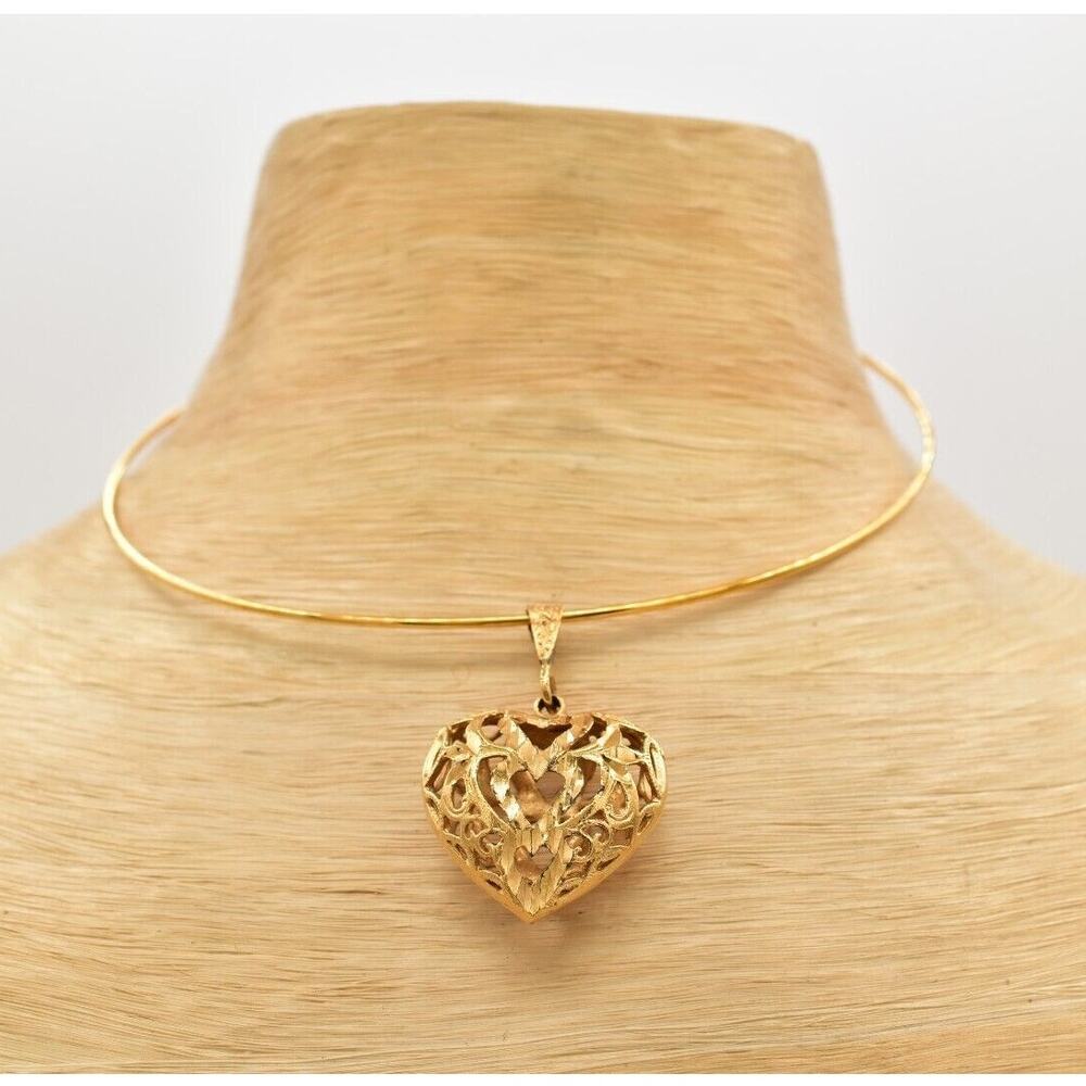 Vintage Collar Choker Necklace Filigree Heart Puffy Pendant Chunky 1980s BinA17